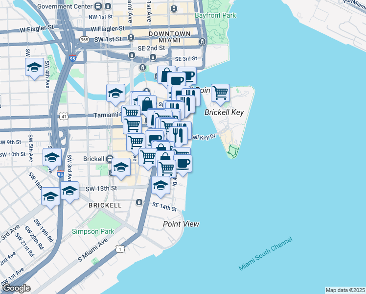 map of restaurants, bars, coffee shops, grocery stores, and more near 999 Brickell Bay Drive in Miami