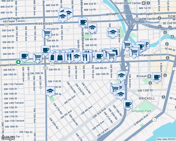 map of restaurants, bars, coffee shops, grocery stores, and more near 739 Southwest 9th Street in Miami