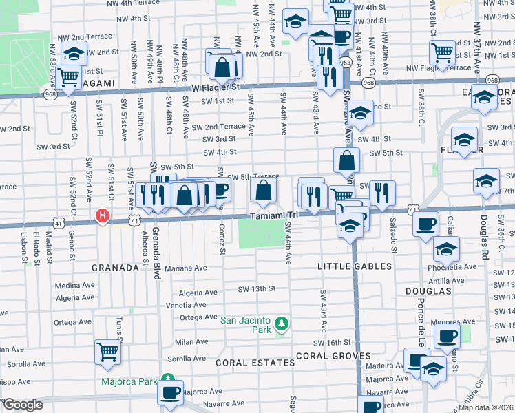 map of restaurants, bars, coffee shops, grocery stores, and more near 601 Southwest 45th Avenue in Coral Gables
