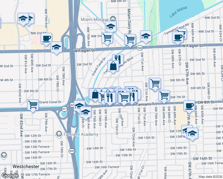 map of restaurants, bars, coffee shops, grocery stores, and more near 441 Tamiami Boulevard in Miami
