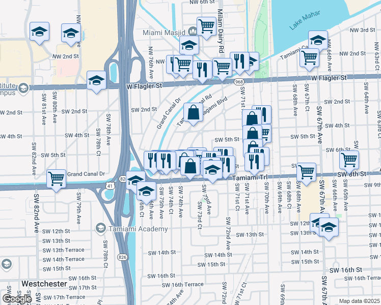 map of restaurants, bars, coffee shops, grocery stores, and more near 11875 Southwest 6th Street in Miami