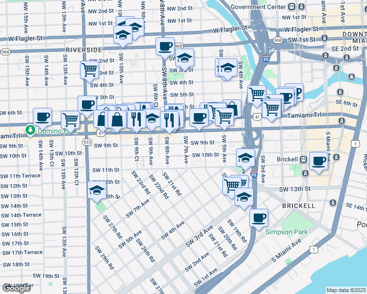 map of restaurants, bars, coffee shops, grocery stores, and more near 739 Southwest 9th Street in Miami
