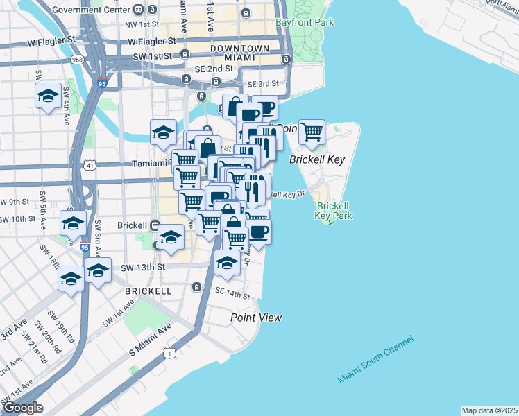 map of restaurants, bars, coffee shops, grocery stores, and more near 601 Brickell Bay Drive in Miami