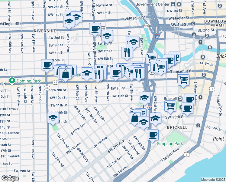 map of restaurants, bars, coffee shops, grocery stores, and more near 649 Southwest 9th Street in Miami