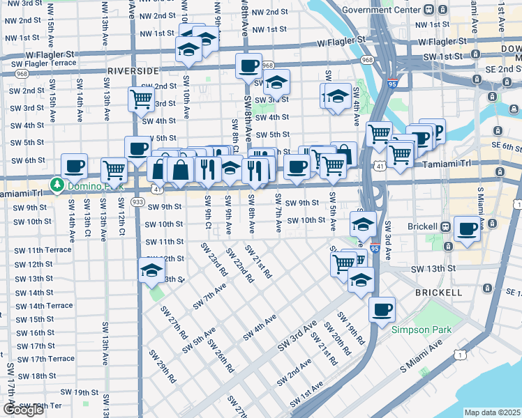 map of restaurants, bars, coffee shops, grocery stores, and more near 739 Southwest 9th Street in Miami