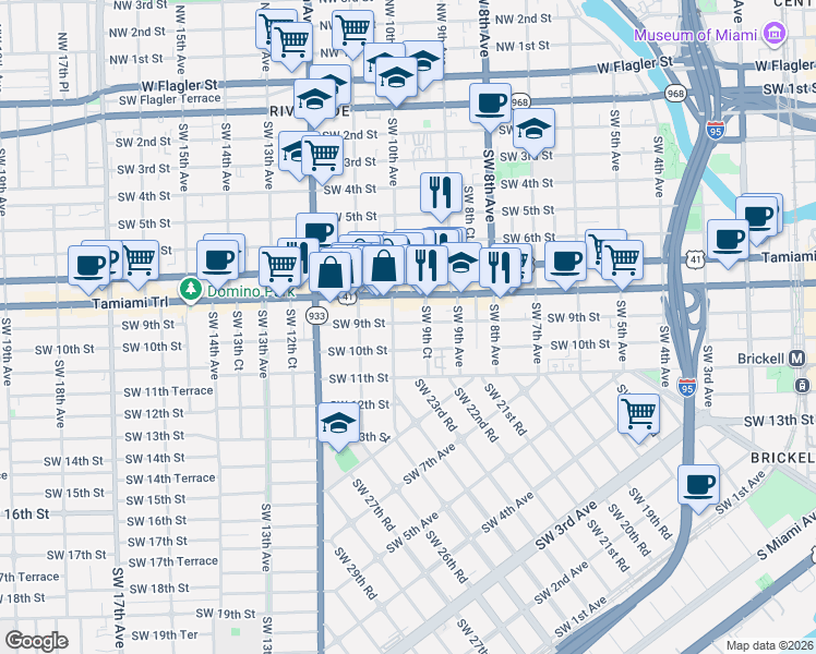 map of restaurants, bars, coffee shops, grocery stores, and more near 819 Southwest 10th Avenue in Miami