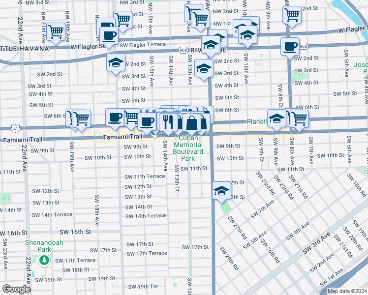 map of restaurants, bars, coffee shops, grocery stores, and more near 820 Southwest 13th Avenue in Miami