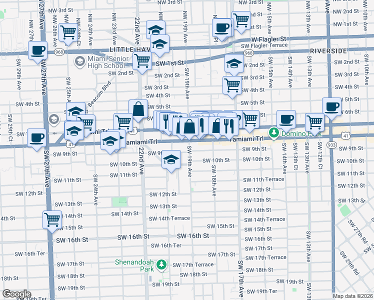 map of restaurants, bars, coffee shops, grocery stores, and more near 1936 Southwest 8th Street in Miami