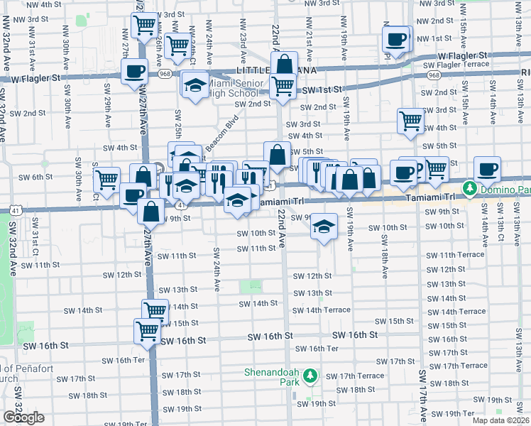 map of restaurants, bars, coffee shops, grocery stores, and more near 2222 Southwest 8th Street in Miami