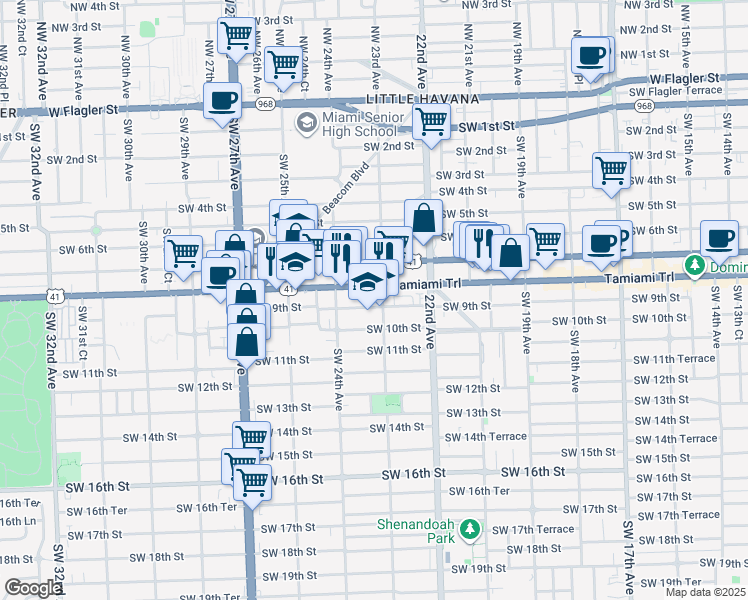 map of restaurants, bars, coffee shops, grocery stores, and more near 2301 Southwest 8th Street in Miami