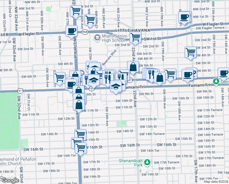 map of restaurants, bars, coffee shops, grocery stores, and more near 2301 Southwest 8th Street in Miami