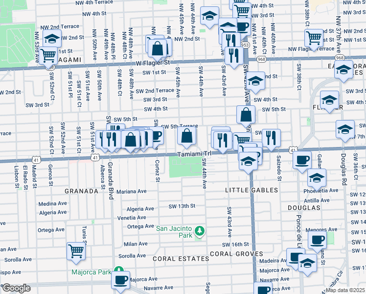 map of restaurants, bars, coffee shops, grocery stores, and more near 601 Southwest 45th Avenue in Coral Gables