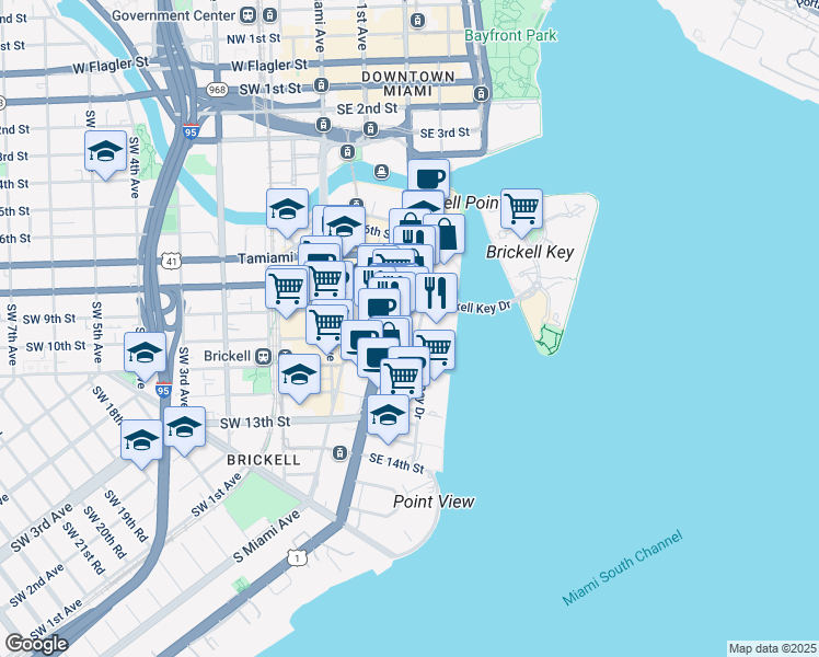 map of restaurants, bars, coffee shops, grocery stores, and more near 909 Brickell Avenue in Miami