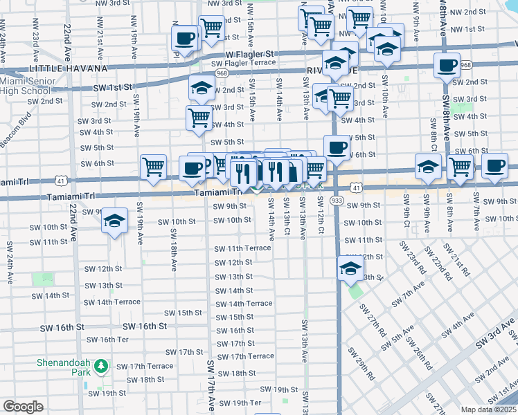 map of restaurants, bars, coffee shops, grocery stores, and more near 1442 Southwest 8th Street in Miami