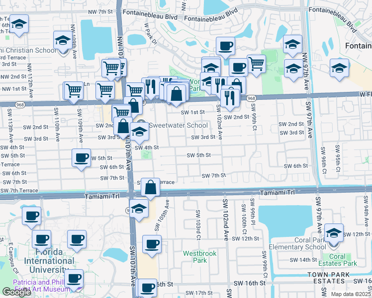 map of restaurants, bars, coffee shops, grocery stores, and more near 318 Southwest 103rd Court in Miami