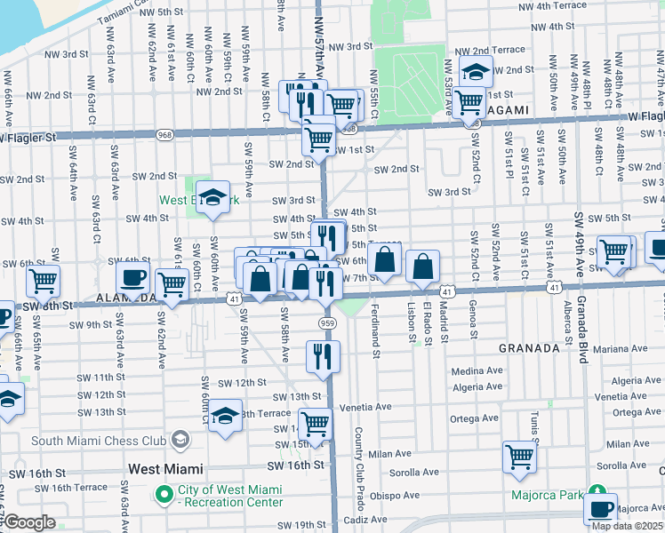 map of restaurants, bars, coffee shops, grocery stores, and more near 5688 Southwest 5th Terrace in Coral Gables