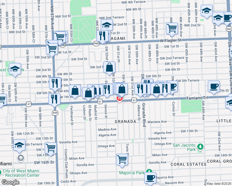 map of restaurants, bars, coffee shops, grocery stores, and more near 5211 Southwest 6th Street in Coral Gables