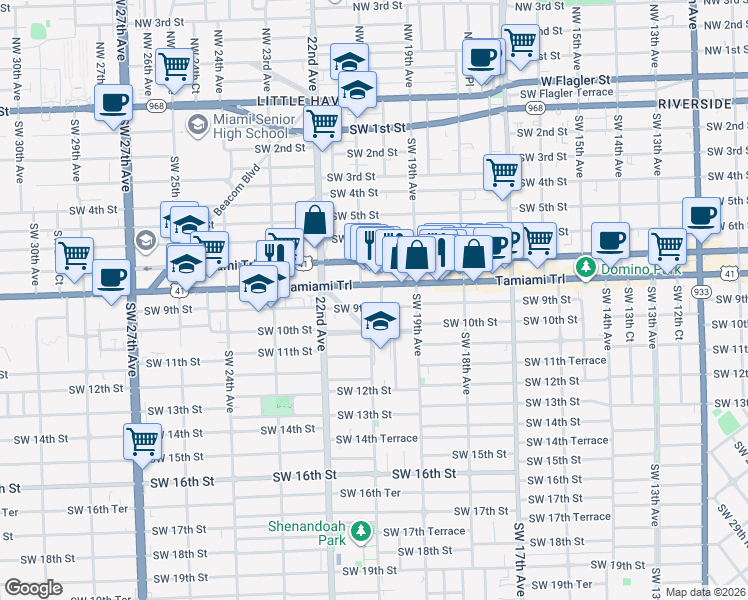 map of restaurants, bars, coffee shops, grocery stores, and more near 2101 Southwest 8th Street in Miami
