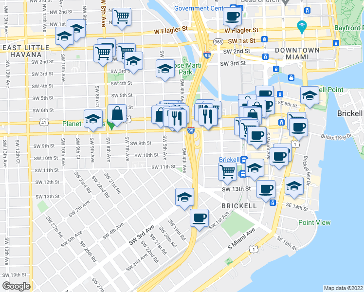 map of restaurants, bars, coffee shops, grocery stores, and more near 848 Southwest 4th Avenue in Miami