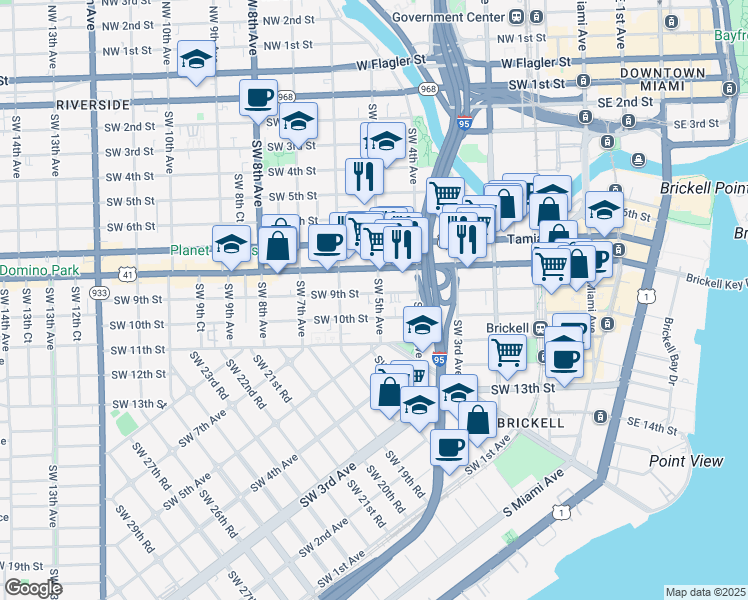 map of restaurants, bars, coffee shops, grocery stores, and more near 461 Southwest 9th Street in Miami