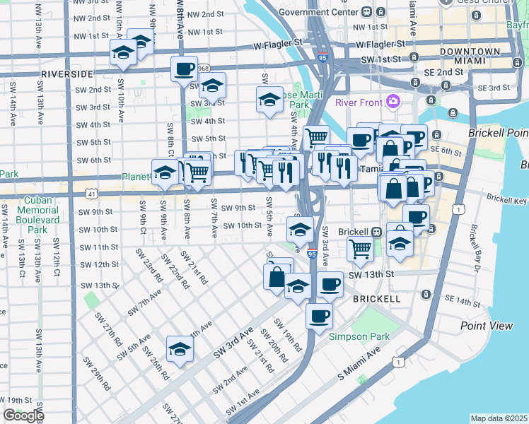 map of restaurants, bars, coffee shops, grocery stores, and more near 461 Southwest 9th Street in Miami