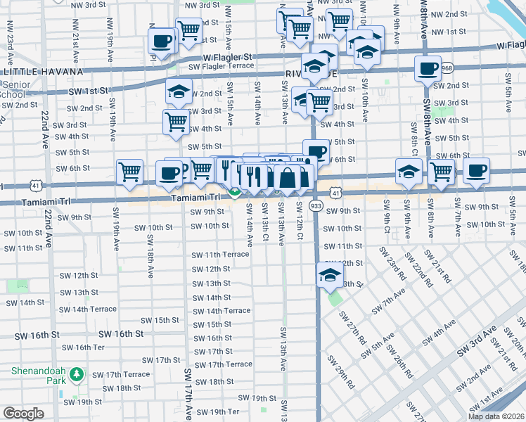map of restaurants, bars, coffee shops, grocery stores, and more near 820 Southwest 13th Avenue in Miami