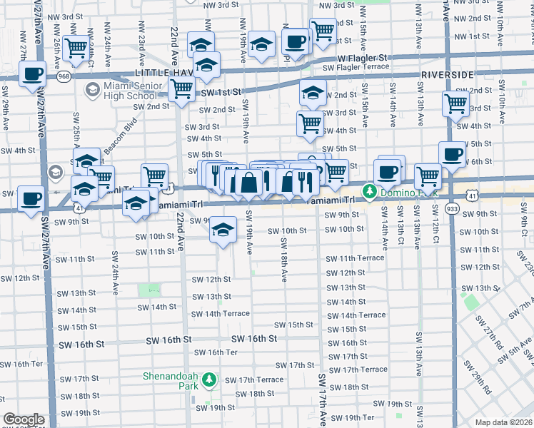map of restaurants, bars, coffee shops, grocery stores, and more near 1868 Southwest 8th Street in Miami
