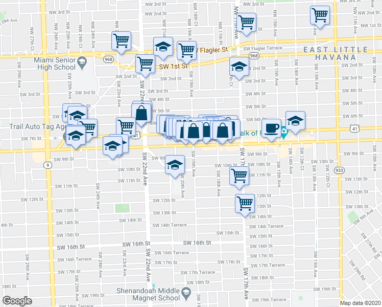 map of restaurants, bars, coffee shops, grocery stores, and more near 1936 Southwest 8th Street in Miami