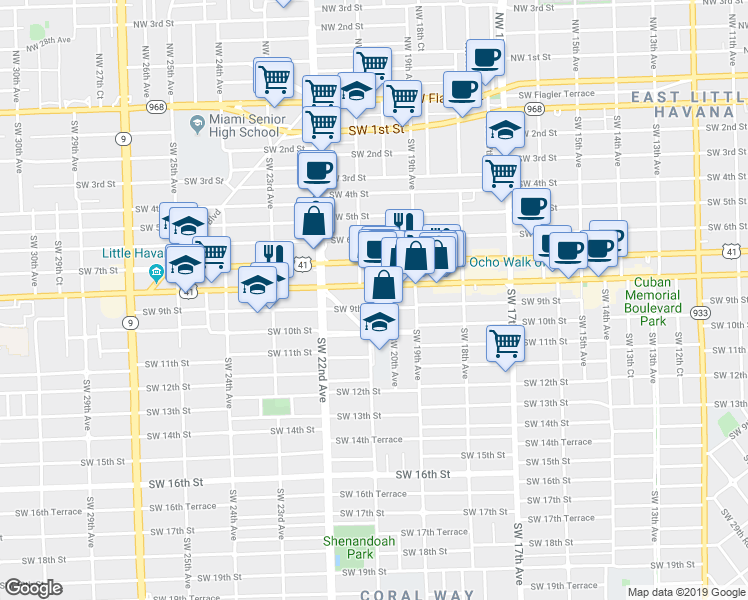 map of restaurants, bars, coffee shops, grocery stores, and more near 2115 Southwest 8th Street in Miami