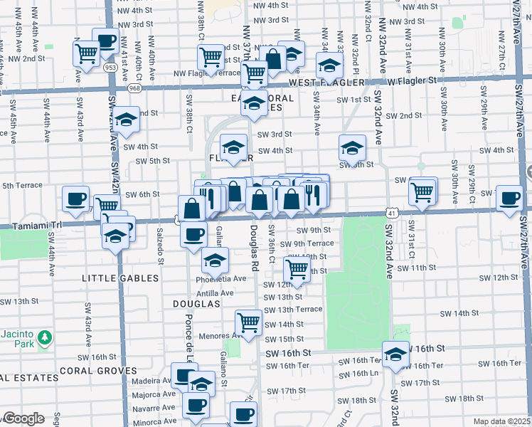 map of restaurants, bars, coffee shops, grocery stores, and more near 3661 Southwest 7th Street in Miami