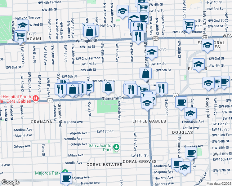 map of restaurants, bars, coffee shops, grocery stores, and more near 620 Southwest 44th Court in Coral Gables