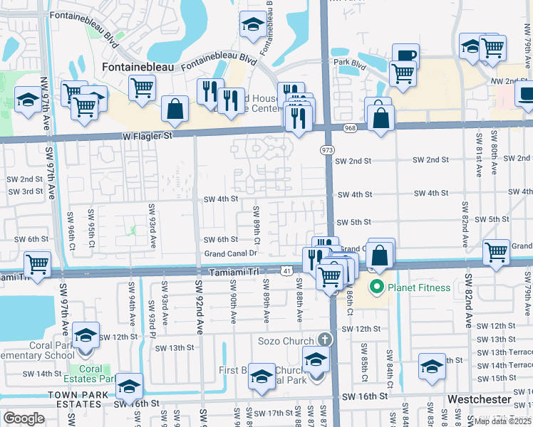 map of restaurants, bars, coffee shops, grocery stores, and more near 8921 Southwest 4th Terrace in Miami