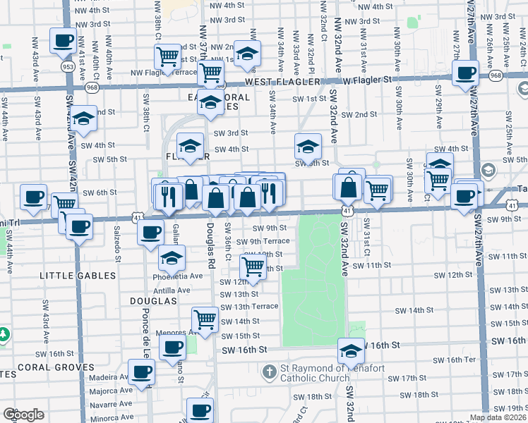 map of restaurants, bars, coffee shops, grocery stores, and more near in Miami