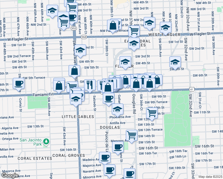 map of restaurants, bars, coffee shops, grocery stores, and more near 716 Boabadilla Street in Coral Gables