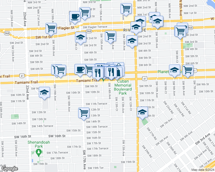 map of restaurants, bars, coffee shops, grocery stores, and more near 842 Southwest 14th Avenue in Miami