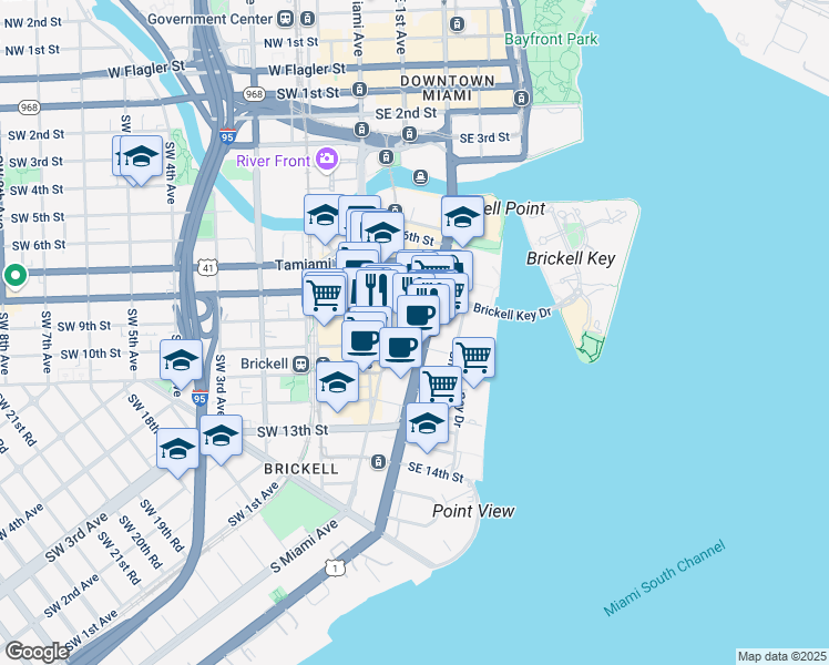 map of restaurants, bars, coffee shops, grocery stores, and more near 830 Brickell Avenue in Miami