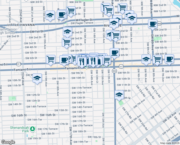 map of restaurants, bars, coffee shops, grocery stores, and more near 1442 Southwest 8th Street in Miami