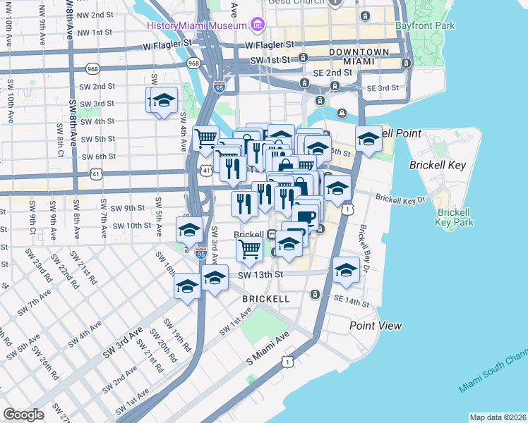 map of restaurants, bars, coffee shops, grocery stores, and more near 101 Southwest 9th Street in Miami