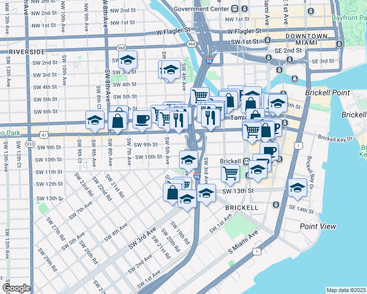 map of restaurants, bars, coffee shops, grocery stores, and more near 848 Southwest 4th Avenue in Miami