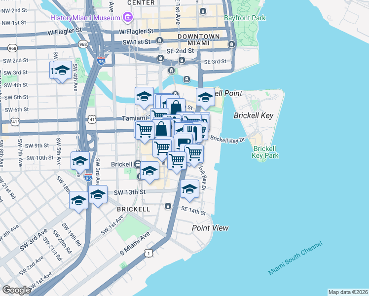 map of restaurants, bars, coffee shops, grocery stores, and more near 830 Brickell Avenue in Miami