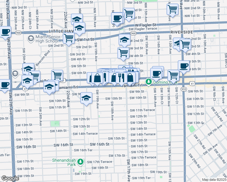 map of restaurants, bars, coffee shops, grocery stores, and more near 1821 Southwest 8th Street in Miami