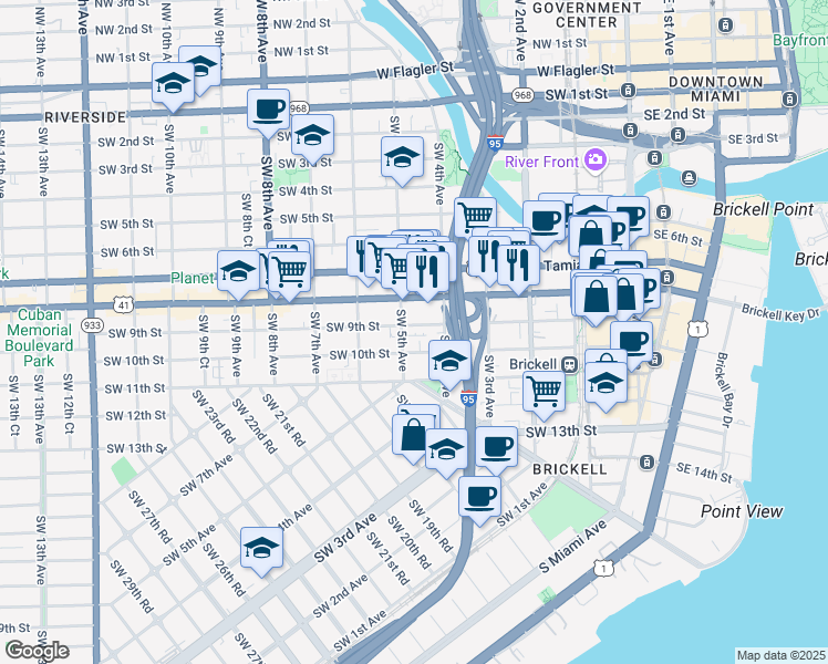 map of restaurants, bars, coffee shops, grocery stores, and more near 461 Southwest 9th Street in Miami