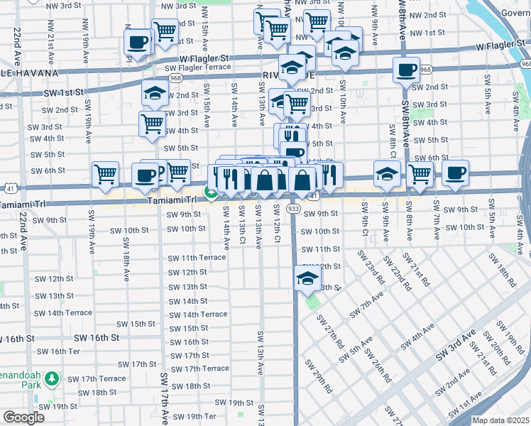 map of restaurants, bars, coffee shops, grocery stores, and more near 816 Southwest 12th Court in Miami