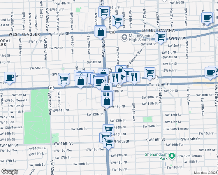 map of restaurants, bars, coffee shops, grocery stores, and more near in Miami