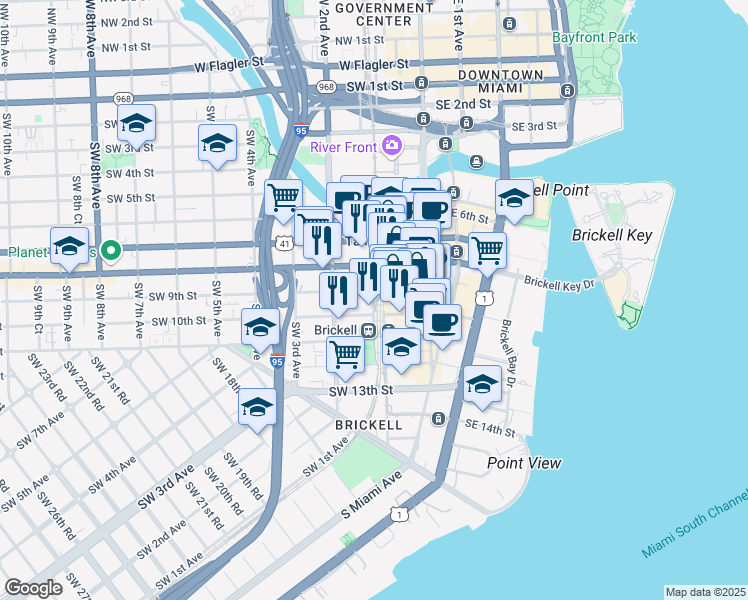 map of restaurants, bars, coffee shops, grocery stores, and more near 940 Southwest 1st Avenue in Miami