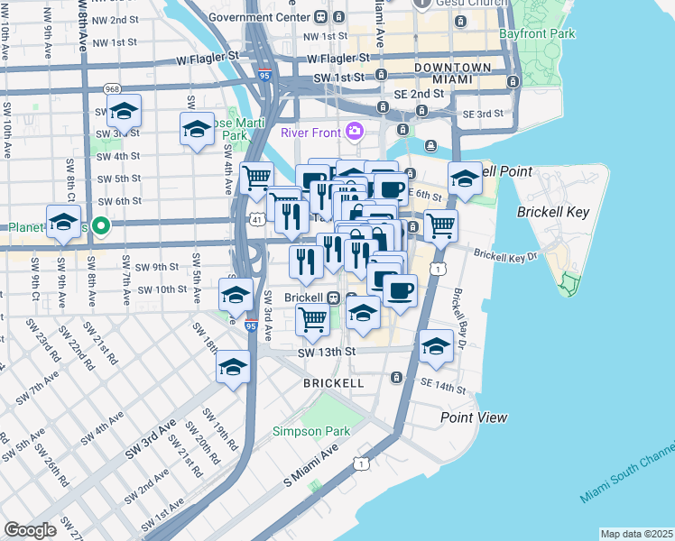 map of restaurants, bars, coffee shops, grocery stores, and more near 101 Southwest 9th Street in Miami