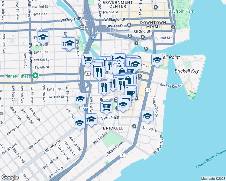 map of restaurants, bars, coffee shops, grocery stores, and more near 101 Southwest 9th Street in Miami