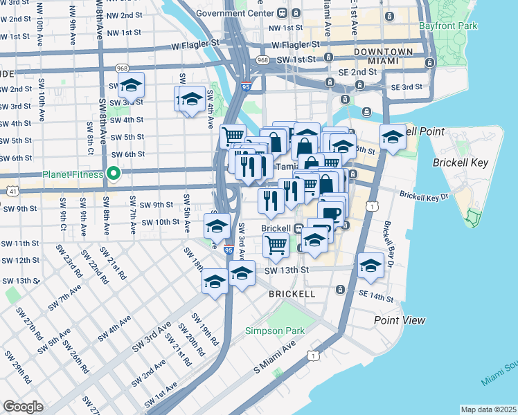 map of restaurants, bars, coffee shops, grocery stores, and more near 850 Southwest 2nd Avenue in Miami