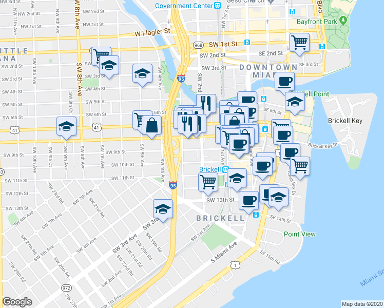 map of restaurants, bars, coffee shops, grocery stores, and more near 850 Southwest 2nd Avenue in Miami