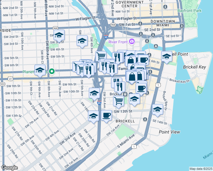 map of restaurants, bars, coffee shops, grocery stores, and more near 885 Southwest 3rd Avenue in Miami